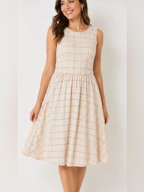 NWT Lara Fashion Sleeveless Plaid Fit & Flare Dress Women’s Medium Khaki Beige